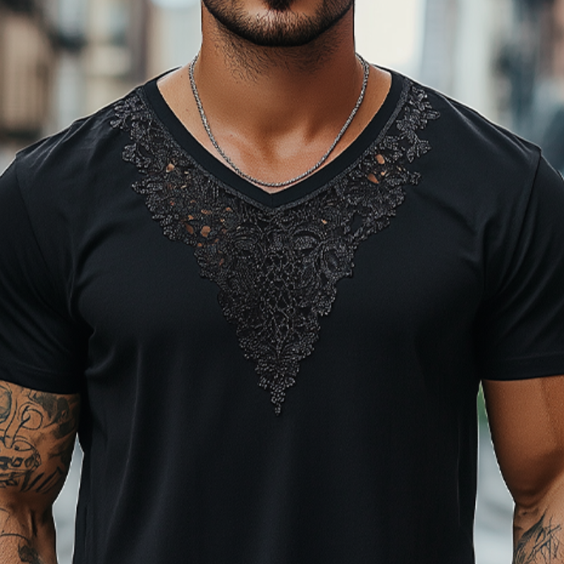 Herrenmode Lässiges Kurzarm-T-Shirt aus Baumwolle mit V-Ausschnitt und Spitze