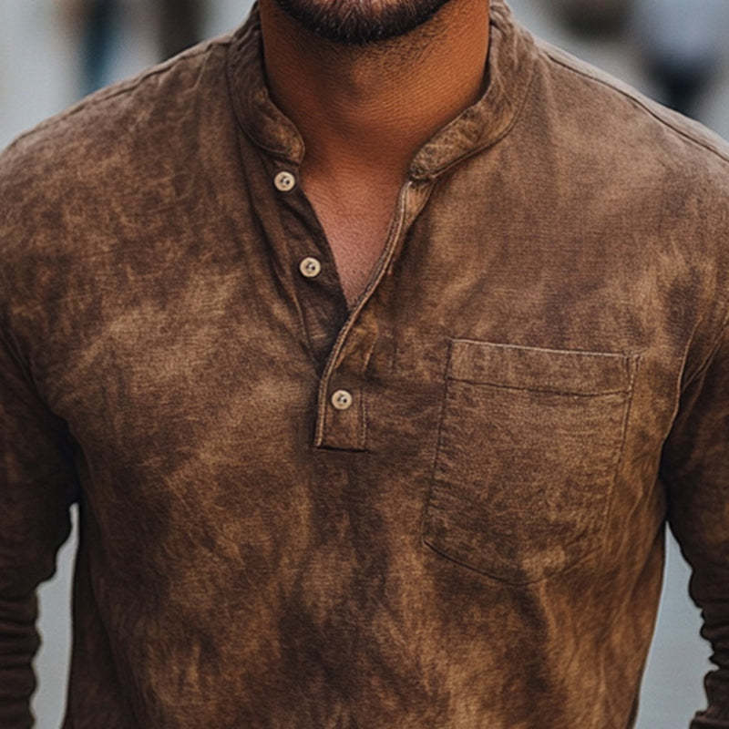 Men's Brown Tie-Dye Button-Down Cotton Long Sleeve T-Shirt