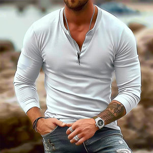 Camiseta informal de manga larga con cuello en V doble para hombre