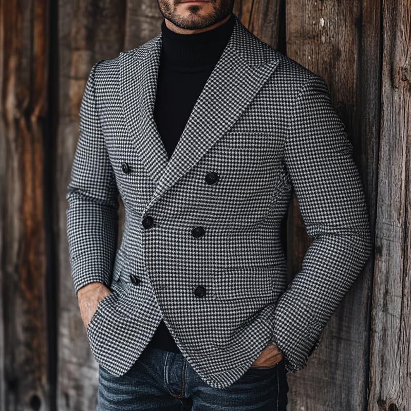 Men's Vintage Houndstooth Lapel Double Breasted Blazer