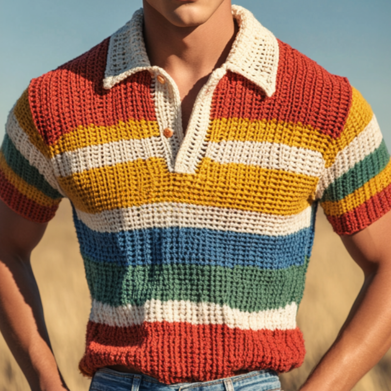 Men's Casual Rainbow Striped Lapel Knitted Short Sleeve Polo Shirt MTA0720D3M