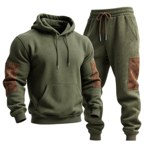 Men's Vintage Army Green Stitching Brown Suede Pocket Hoodie And Sweatpants Jogger Set