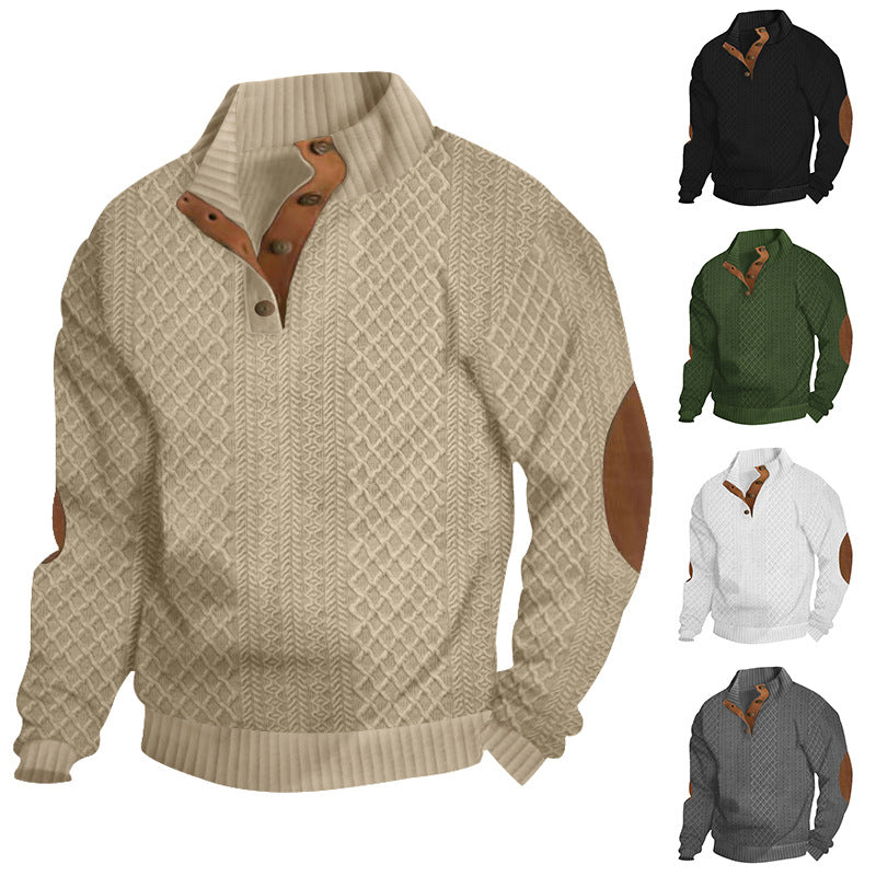 2024 SPRING AND AUTUMN MEN'S STAND UP COLLAR LONG SLEEVE CASUAL OUTDOOR HOODIE JACQUARD KNITTED SWEATER