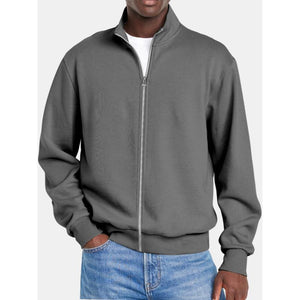 Men's Solid Color Zipper Stand Collar Long Sleeve Sweatshirt Jacket