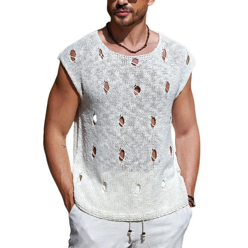 Einfarbige, zerrissene Strick-Tanktops mit Rundhalsausschnitt für Herren