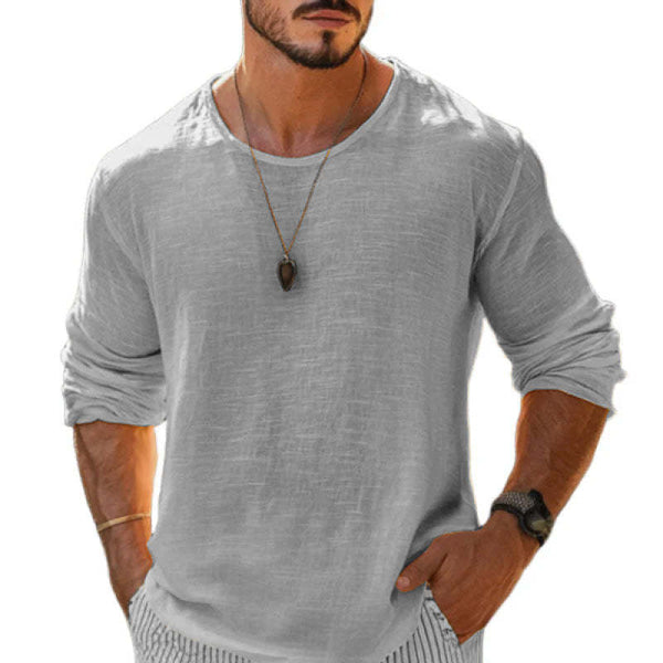 Lässiges Herren-T-Shirt aus Baumwolle und Leinen mit Rundhalsausschnitt und langen Ärmeln