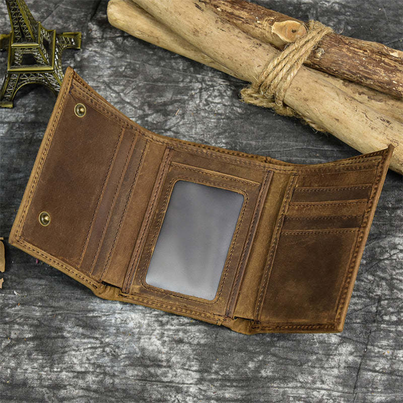 Cartera vintage de tres pliegues de cuero genuino para hombre 