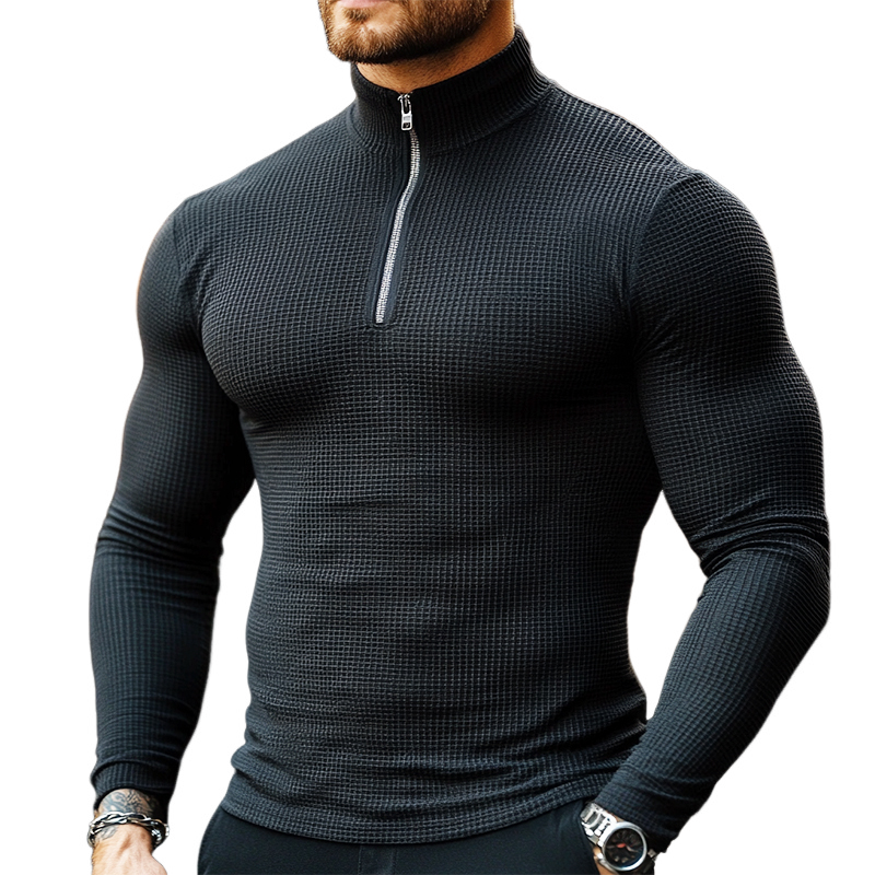 Men's Retro Casual Solid Color Waffle Zipper Stand Collar Long Sleeve T-Shirt