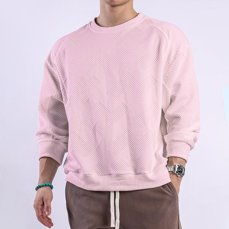 Camiseta de manga larga con cuello redondo y textura de color liso para hombre