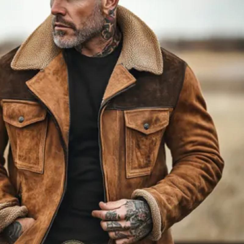 Men's Colorblock Suede And Polar Fleece Lapel Mid-Length Coat 40617808Y