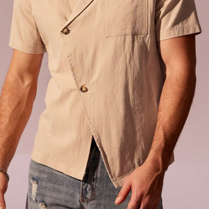 Men's Spring Fashion Casual Slant Pracket Slim Fit Linen Short Sleeve Shirt