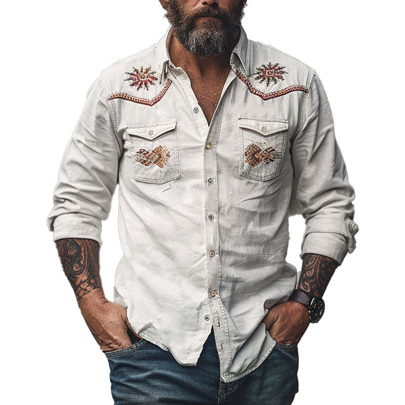 Camisa de manga larga bordada de algodón vintage para hombre 