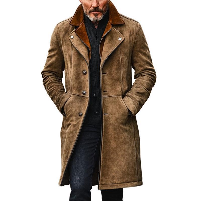 Abrigo vintage de ante de cuello doble y longitud media para hombre