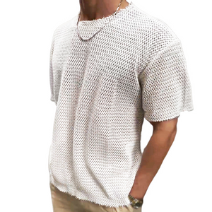 Camiseta de punto de manga corta con cuello redondo, estilo retro, informal, hueca y refrescante para hombre