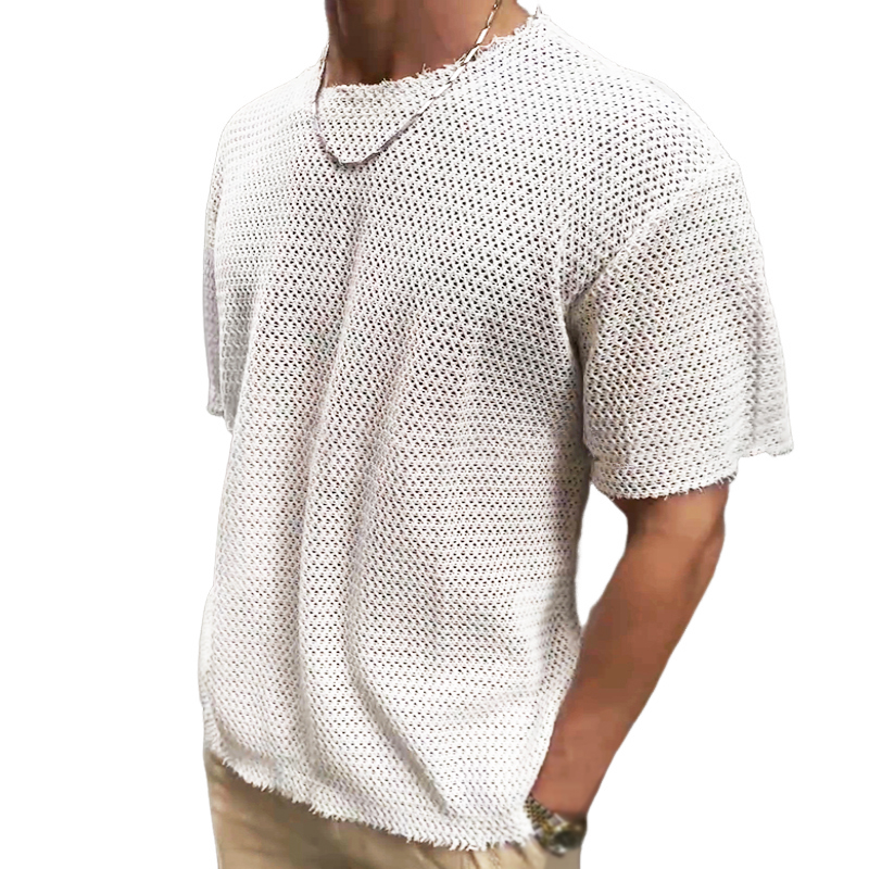 Herren Retro Casual Hollow Erfrischendes Rundhals-Strick-Kurzarm-T-Shirt