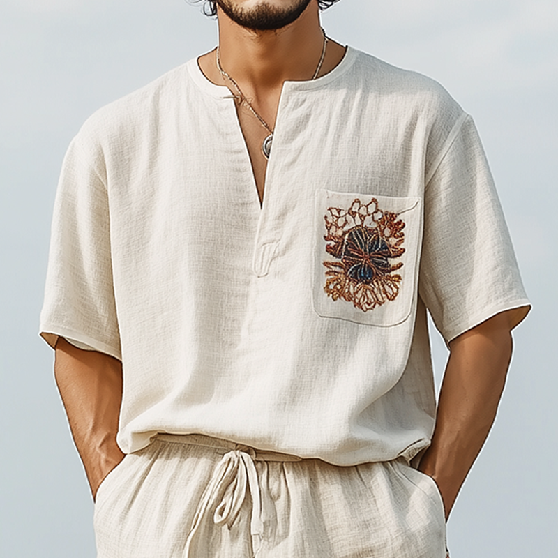 Lässiges, kurzärmliges T-Shirt aus Baumwolle und Leinen mit V-Ausschnitt für Herren im Frühling und Sommer