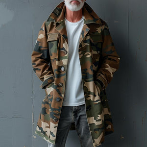 Herren Camouflage Revers Brusttasche Einreihiger Mittellanger Cargo Trenchcoat