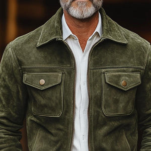 Men's Striped Trim Suede Lapel Chest Pocket Zipper Casual Jacket