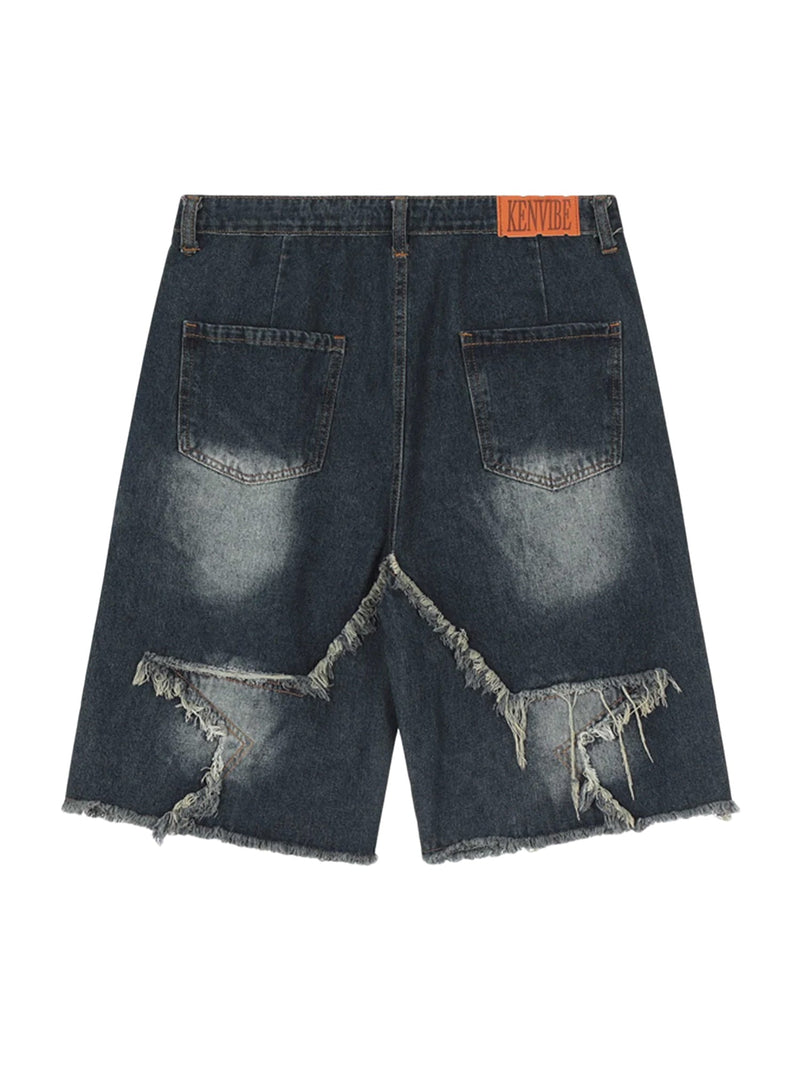 American Pentagram Tassel Patch Denim Shorts