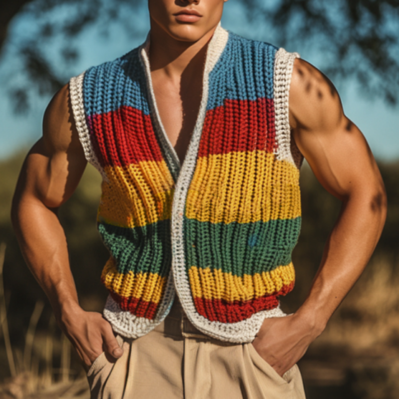 Chaleco informal de punto con cuello en V y rayas de colores para hombre, con botonadura sencilla