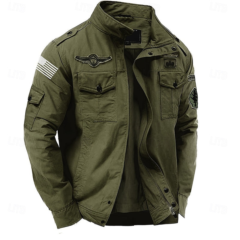 Men's  Cotton Cargo Jacket Coat Side Pockets Zip Front Regular Fit Standing Collar Jacket