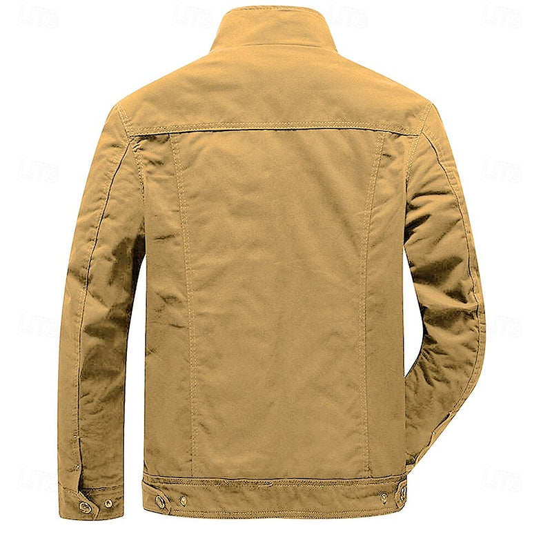 Men's  Cotton Cargo Jacket Coat Side Pockets Zip Front Regular Fit Standing Collar Jacket