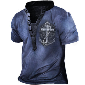 Herren-T-Shirt mit nautischem Anker-Print im Vintage-Stil, kurzärmelig, Henley