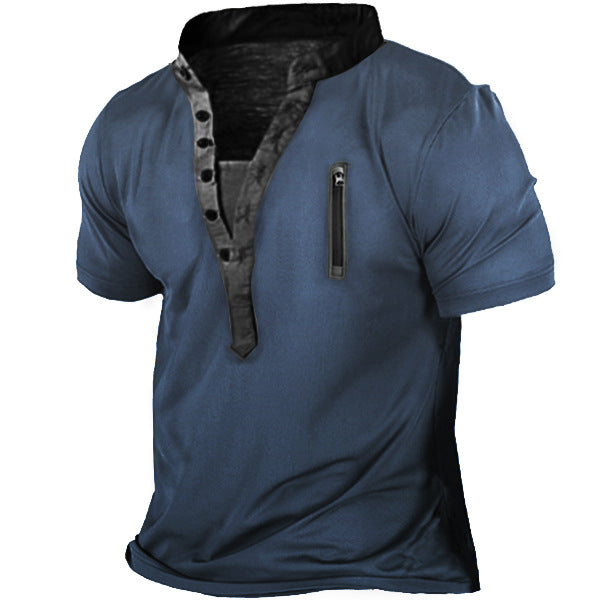 Men's Tactical Mens Outdoor Zipper Vintage Print Loose Fit Short Sleeve Top T Shirt