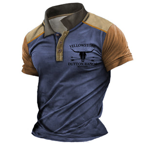 Camiseta de manga corta con cuello polo y contraste de Yellowstone con estampado de toro vintage para hombre, talla grande