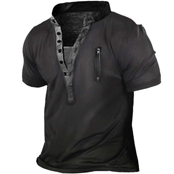 Men's Tactical Mens Outdoor Zipper Vintage Print Loose Fit Short Sleeve Top T Shirt