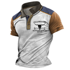 Camiseta de manga corta con cuello polo y contraste de Yellowstone con estampado de toro vintage para hombre, talla grande