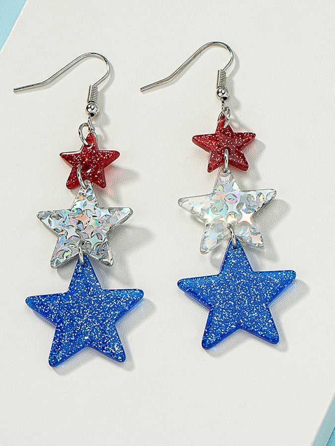 Independence Day Five-Pointed Star Three-Color Stitching Glitter Simple Earrings