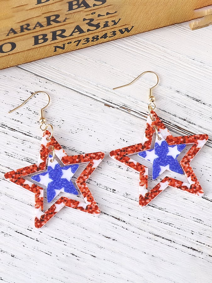 Independence Day Creative Double-Sided Acrylic Red, White And Blue Five-Pointed Star Earrings