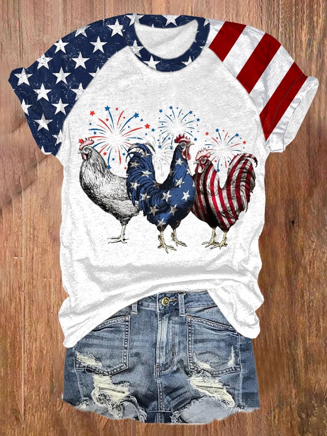 Women's Patriotic USA Chicken Print Round Neck T-shirt