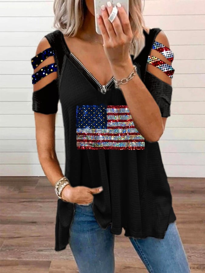 Women's Flag Printed V-Neck Zipper Casual T-Shirt