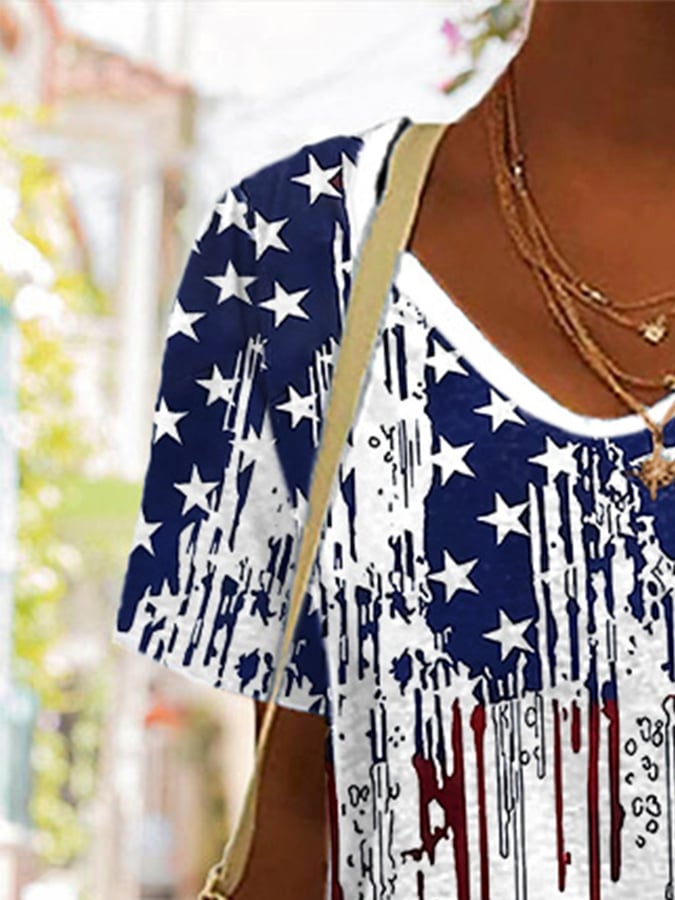 Women's American Flag Print V-Neck T-Shirt