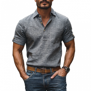Camisa informal de lino con solapa y bolsillo de parche para hombre, manga corta