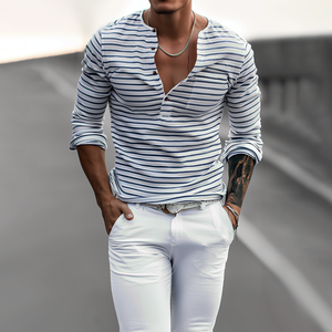 Camiseta informal de manga larga con cuello Henley a rayas para hombre