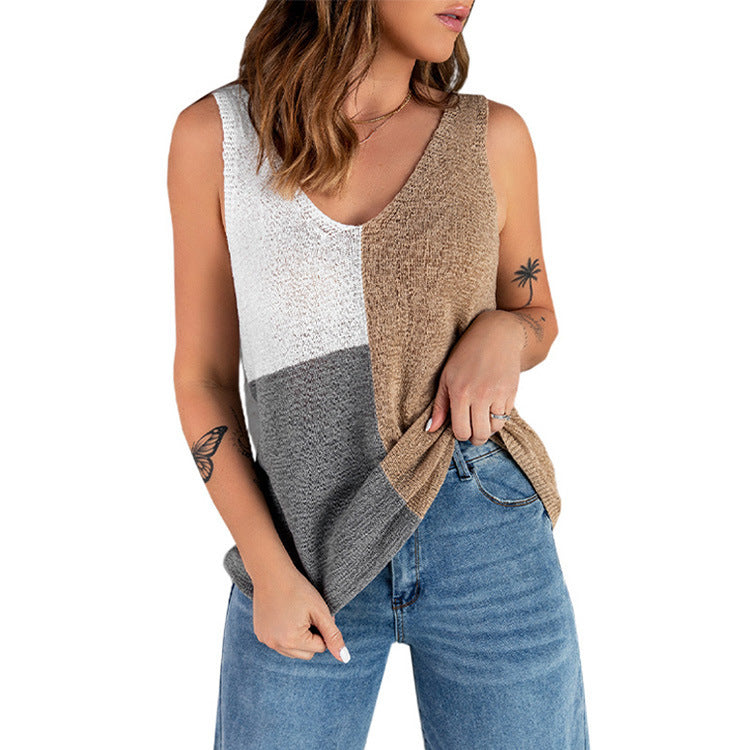 EUROPEAN AND AMERICAN WOMEN'S SMALL TANK TOP PATCHWORK CONTRASTING COLOR KNITTED LOOSE CASUAL CAMISOLE FOR WOMEN