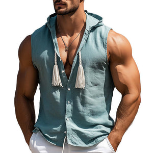 Men's Simple Solid Color Tassel Hooded Tank Top