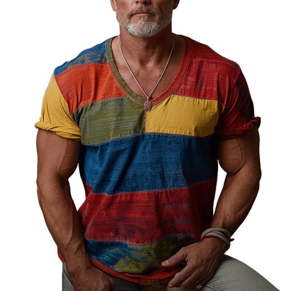 Herren-T-Shirt mit V-Ausschnitt und Farbblockdesign, kurzärmlig