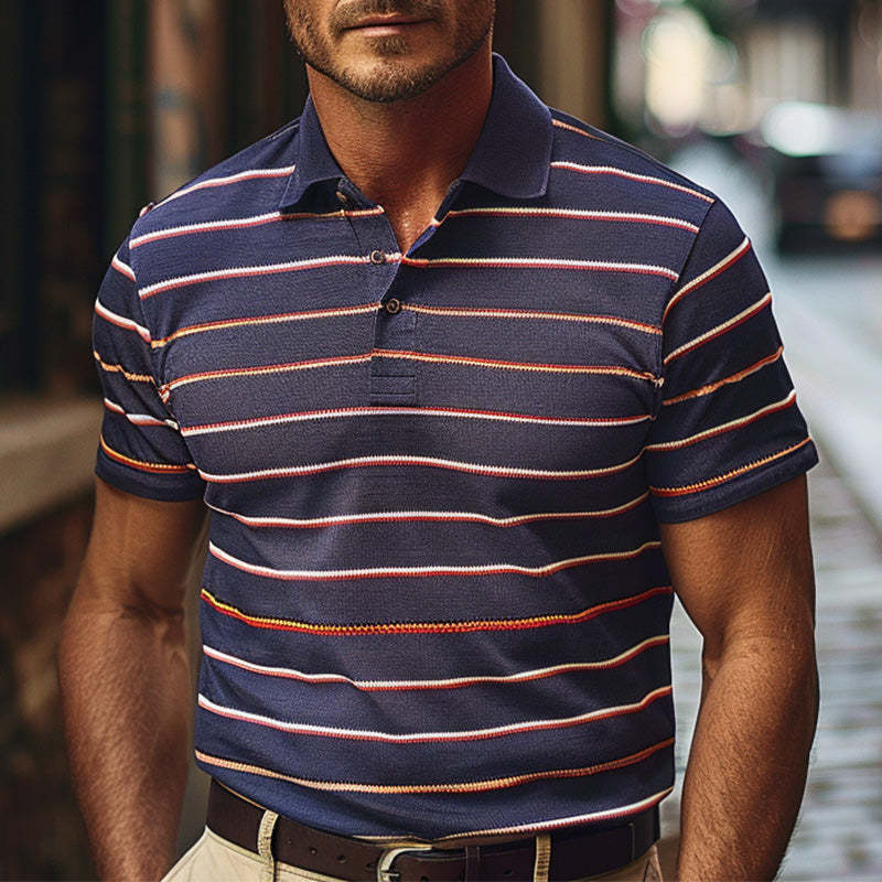 Men's Casual Striped Print Short-sleeved Breathable Polo Shirt
