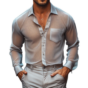 Herren Retro Casual Sommer Cool Mesh Satin Splicing Revers Langarmhemd