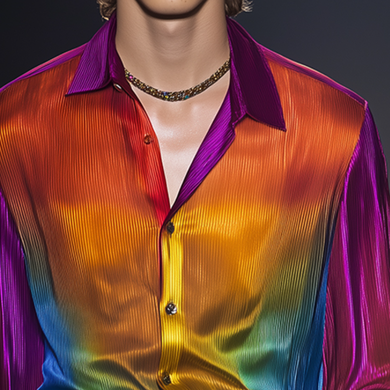 Men's Retro Casual Rainbow Print Light Lapel Long Sleeve Shirt