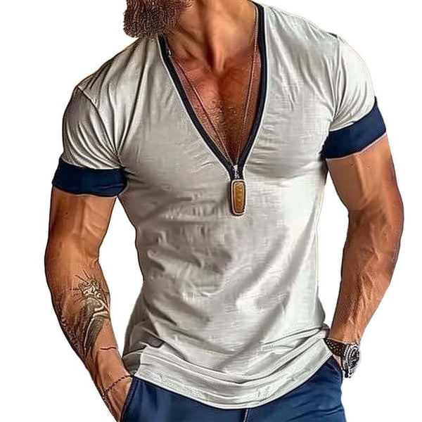 Lässiges Herren-T-Shirt aus Baumwollmischung mit Farbblock und V-Ausschnitt, kurzärmelig