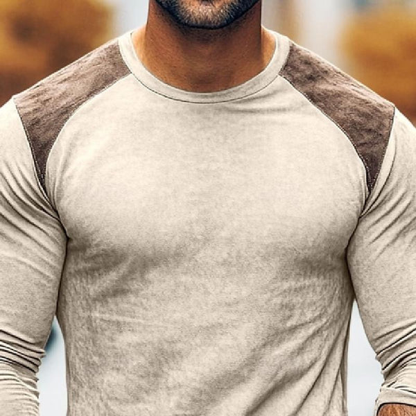 Camiseta de manga larga con cuello redondo y diseño vintage de gamuza con bloques de color para hombre