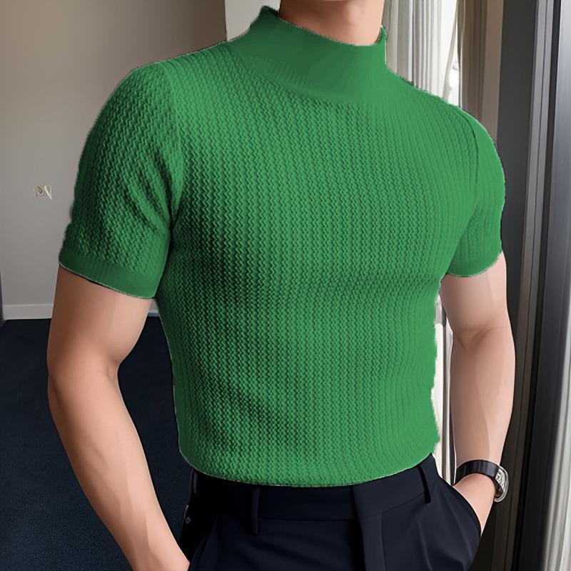 Herren-T-Shirt mit halbem Rollkragen, einfarbig, eng gestrickt, kurzärmelig