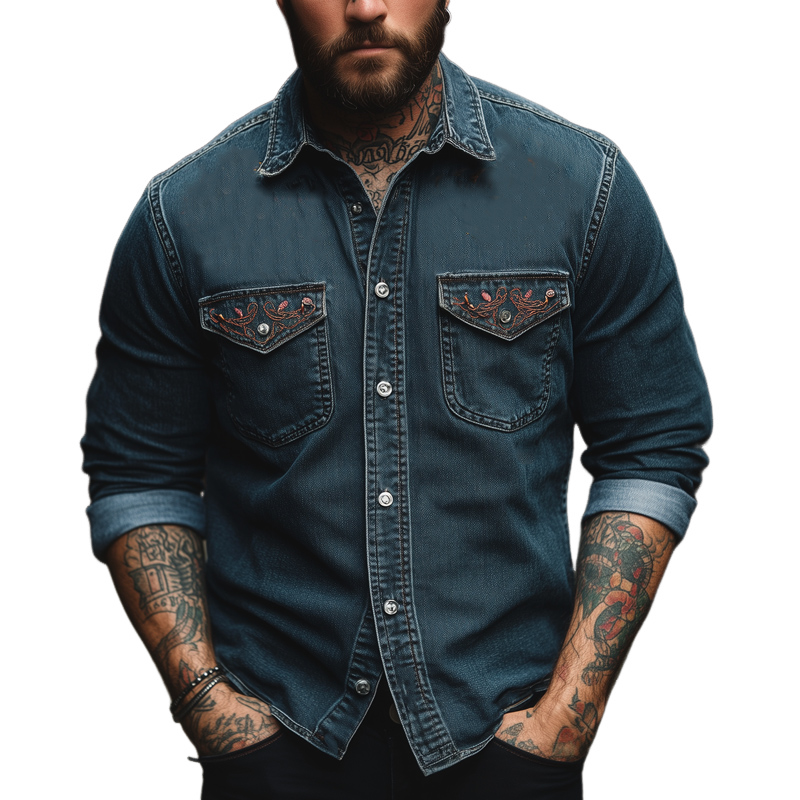 Camisa de manga larga de mezclilla lavada con bordado azul vintage para hombre