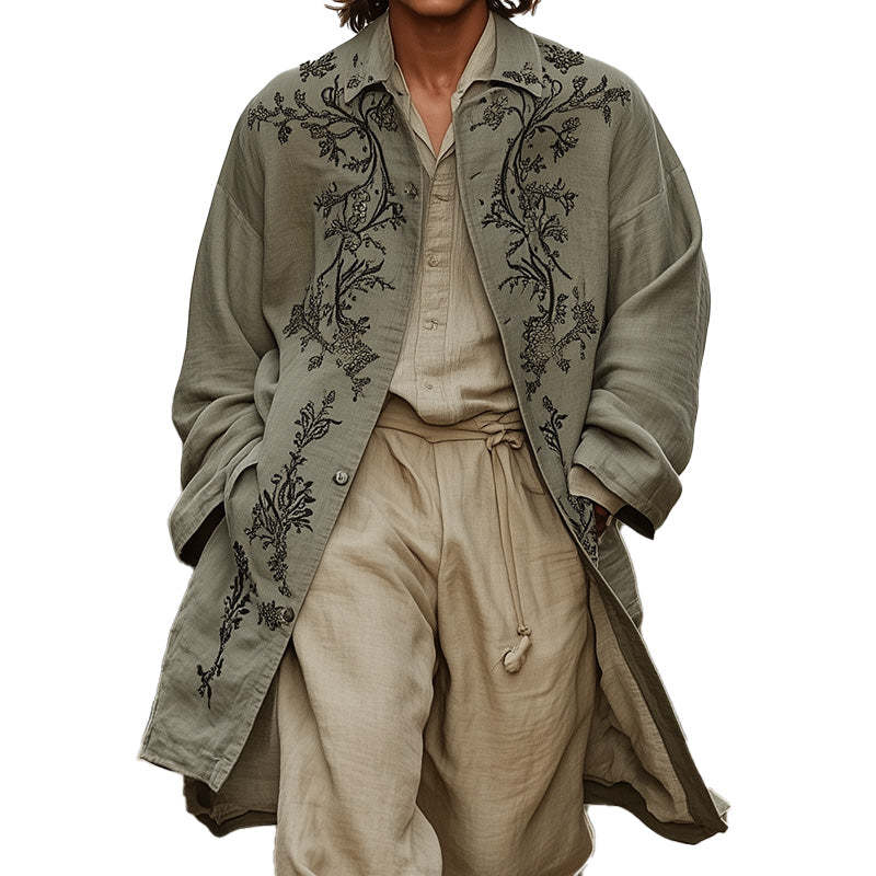 Men's Western Vintage Embroidered Long Sleeve Trench Coat MTA2875C7P