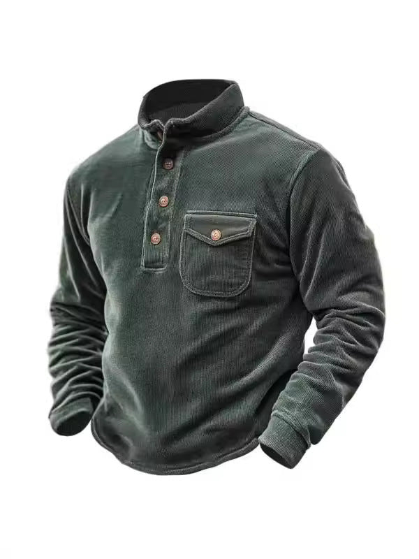 CORDUROY POCKET BUTTON STAND COLLAR LONG SLEEVE SWEATSHIRT